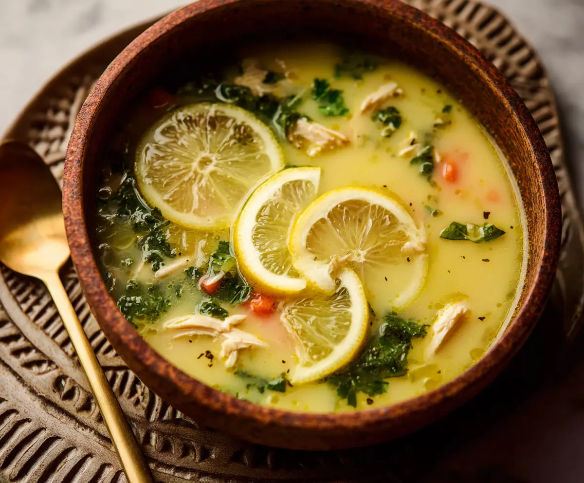 Mediterranean Lemon Chicken Soup in a bowl with fresh herbs and lemon slices