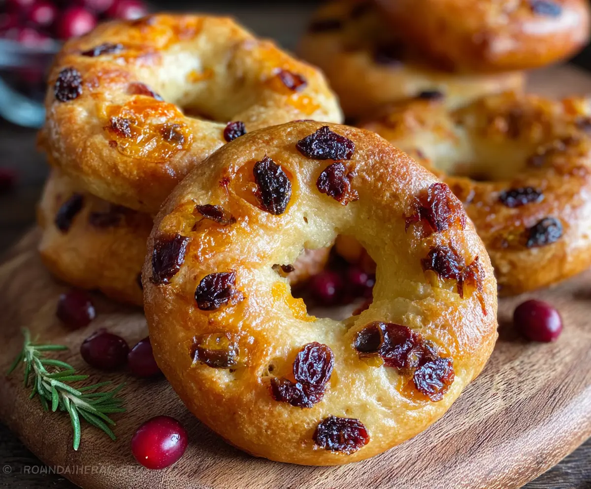 Mini cranberry orange bagels with vibrant cranberries and citrus zest on a rustic wooden board.