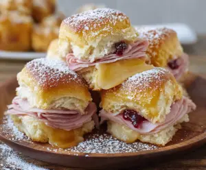 Delicious Monte Cristo sliders made with Hawaiian rolls and melted cheese