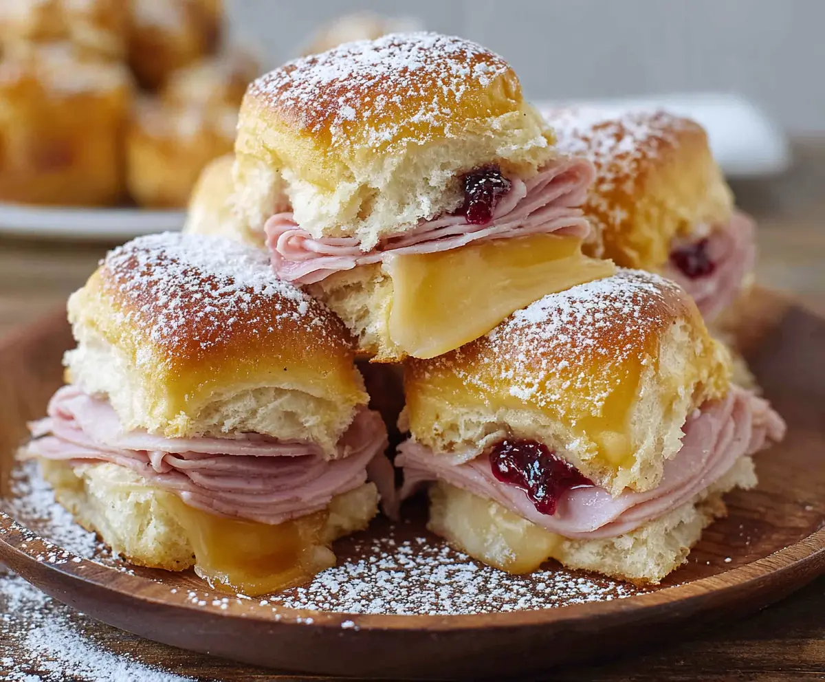 Delicious Monte Cristo sliders made with Hawaiian rolls and melted cheese