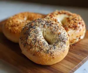 Golden New York Style Sourdough Discard Bagels on a plate with sesame seeds.