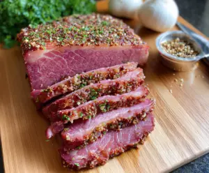 Delicious oven roasted corned beef with crispy edges and tender interior, perfect for a hearty meal