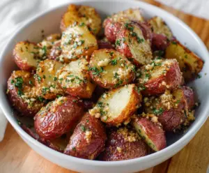 Golden roasted Parmesan garlic butter red potatoes with herbs, perfect for dinner or side dish.