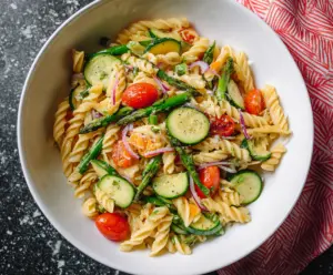 Colorful Pasta Primavera with fresh vegetables and herbs in a vibrant bowl
