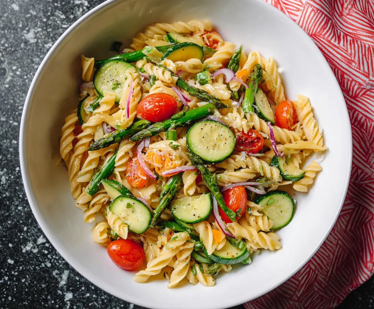 Colorful Pasta Primavera with fresh vegetables and herbs in a vibrant bowl