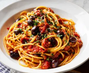 Delicious Pasta Puttanesca with olives, capers, and tomatoes served in a rustic bowl.