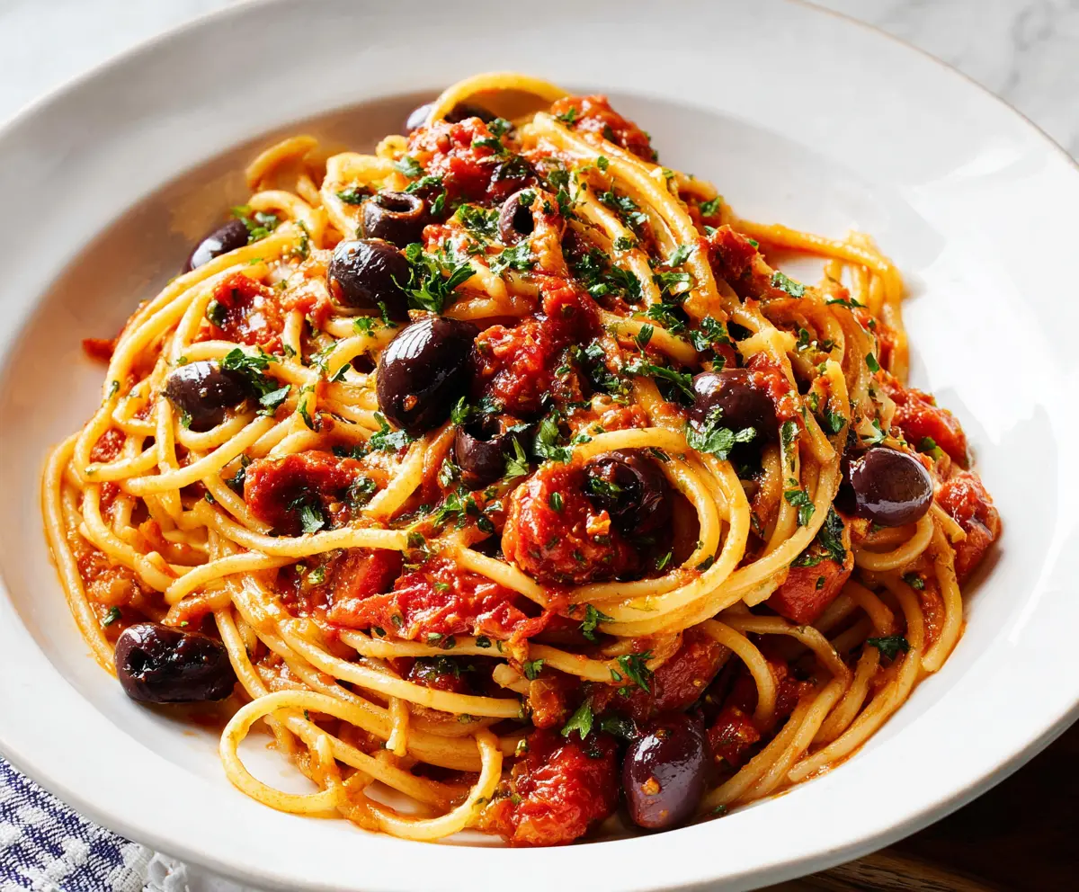 Delicious Pasta Puttanesca with olives, capers, and tomatoes served in a rustic bowl.