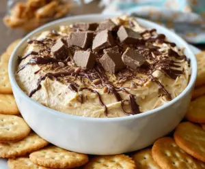 Creamy peanut butter cheesecake dip served with fresh fruit for a delicious snack.