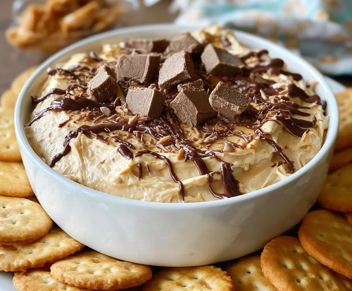 Creamy peanut butter cheesecake dip served with fresh fruit for a delicious snack.