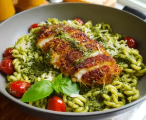 Delicious pesto pasta topped with crispy parmesan chicken and fresh basil.