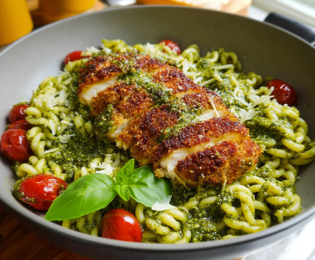 Delicious pesto pasta topped with crispy parmesan chicken and fresh basil.