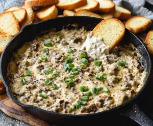 Creamy Philly Cheesesteak Dip with melted cheese and sliced steak served with chips