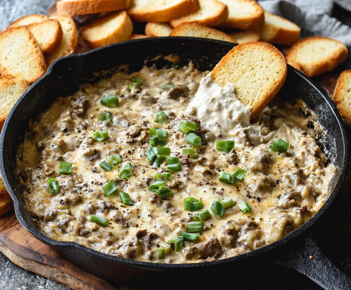 Creamy Philly Cheesesteak Dip with melted cheese and sliced steak served with chips