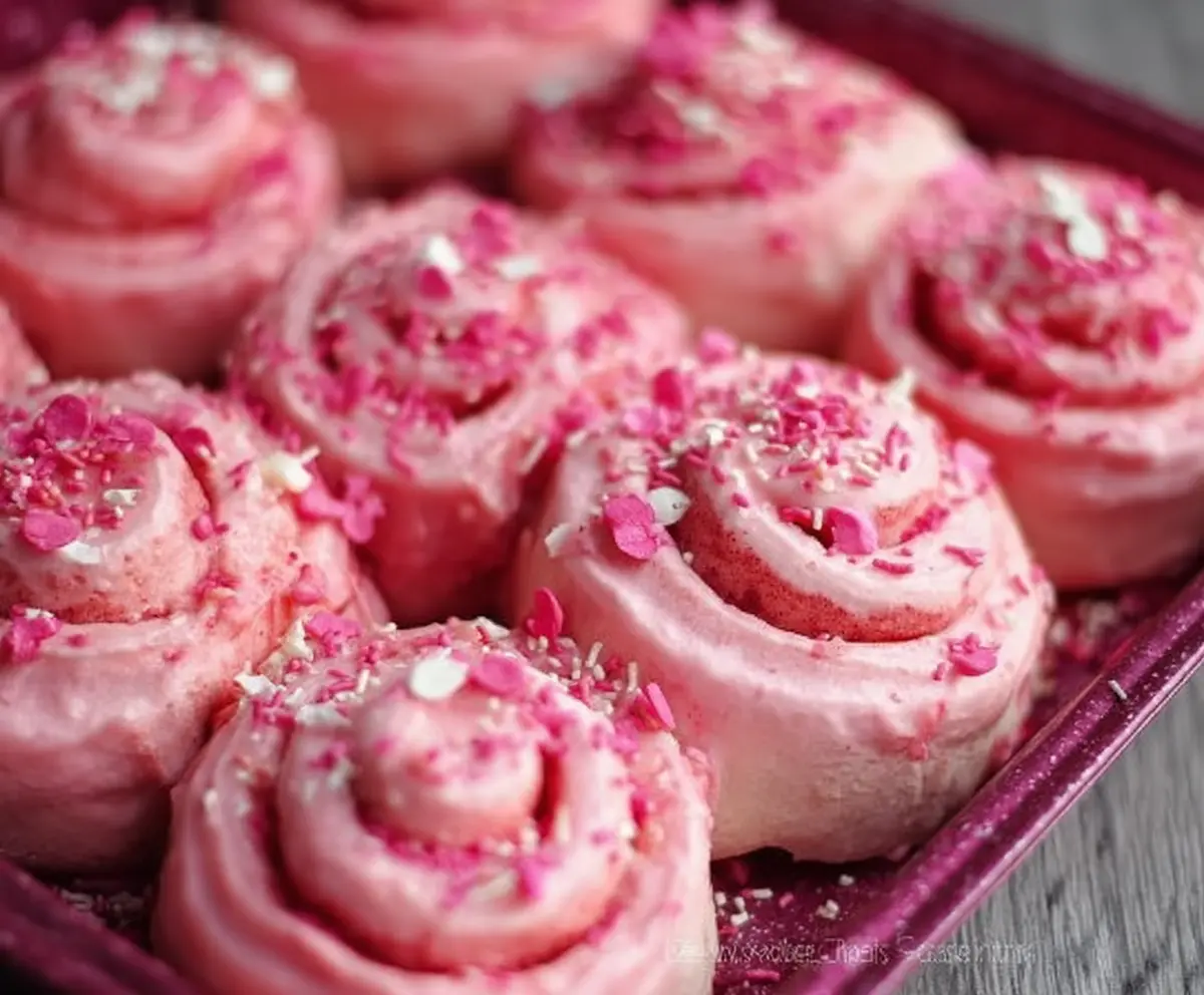 Delicious pink velvet cinnamon rolls topped with cream cheese icing on a decorative plate.