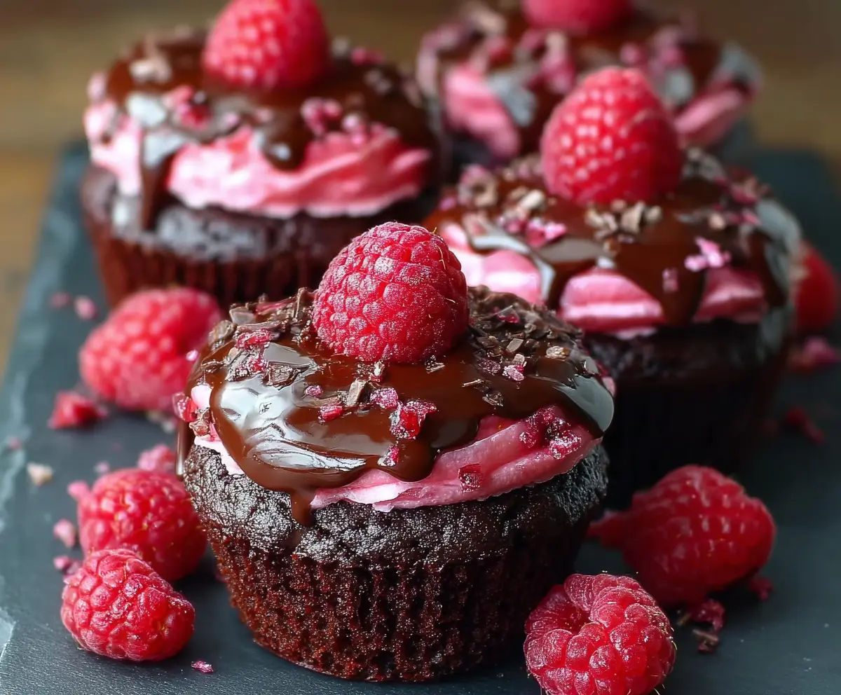 Delicious Raspberry Chocolate Lava Cupcakes with gooey center and fresh raspberries on top.