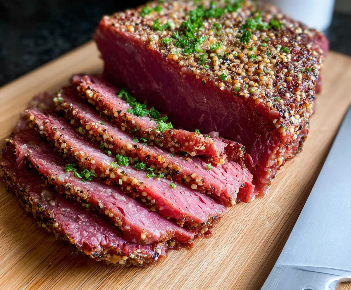 Juicy roasted corned beef served with crispy vegetables and herbs.