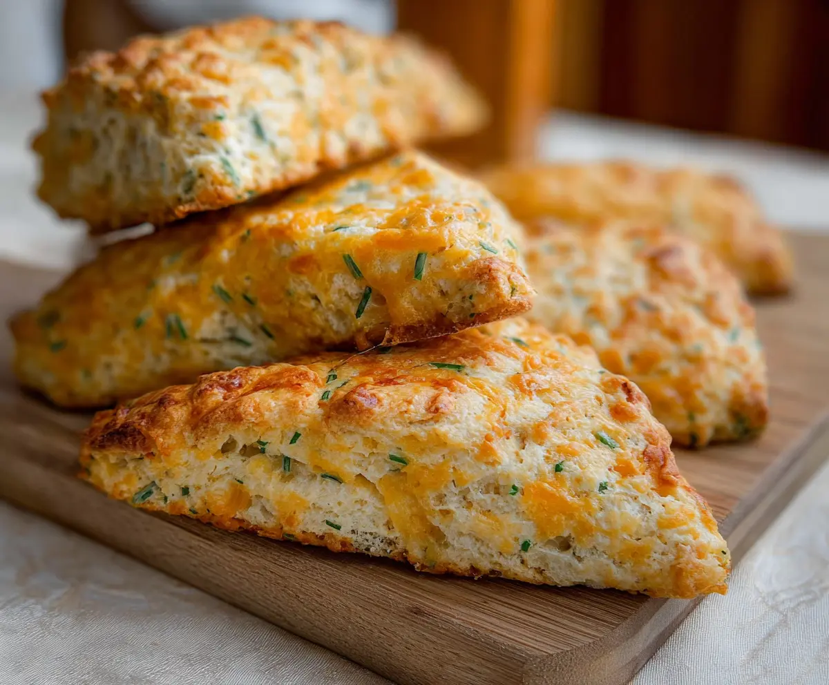 Golden sourdough scones with sharp cheddar and fresh chives on a rustic wooden table.
