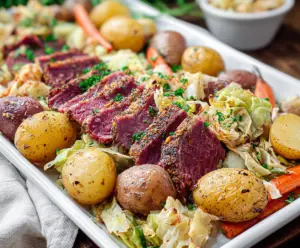 Delicious sheet pan corned beef and cabbage served for a hearty meal.