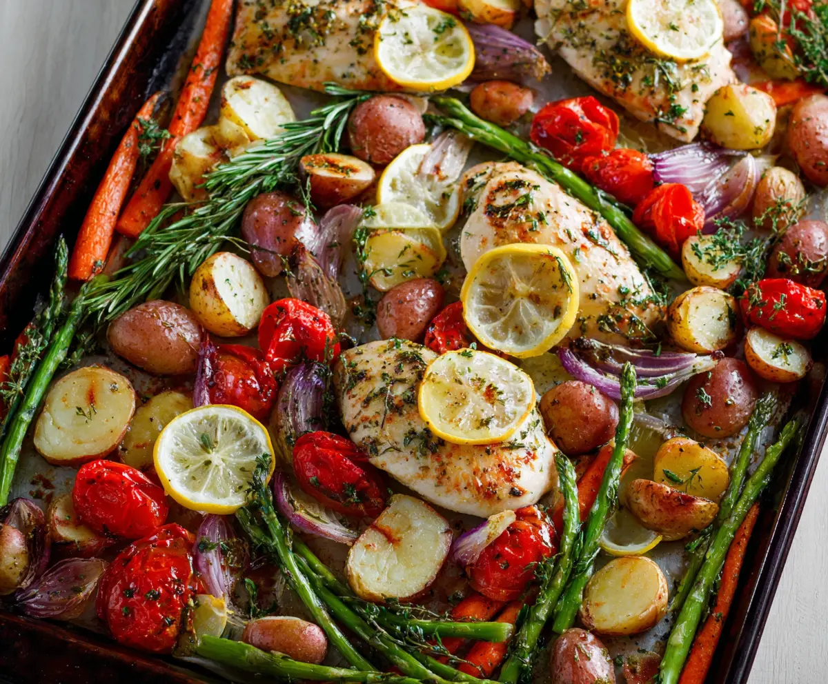 Image of sheet pan lemon herb chicken with colorful vegetables, showcasing a healthy and easy dinner recipe.