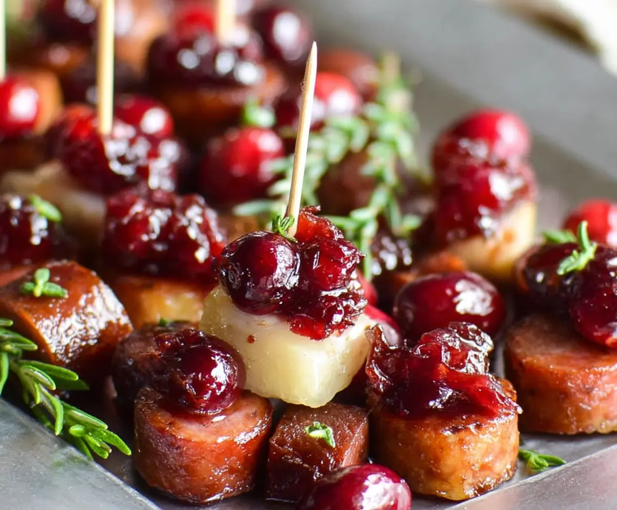 Delicious sheet pan smoked sausage cranberry bites arranged on a serving platter.