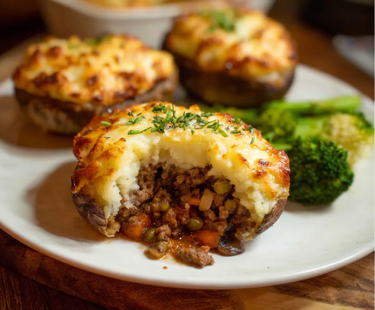 Delicious Shepherd's Pie Baked Potatoes topped with melted cheese and savory filling.