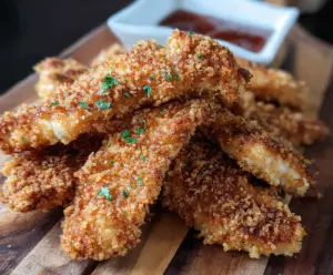 Crispy sourdough discard chicken strips served with dipping sauce on a wooden plate.