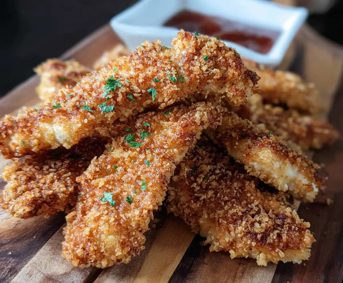 Crispy sourdough discard chicken strips served with dipping sauce on a wooden plate.