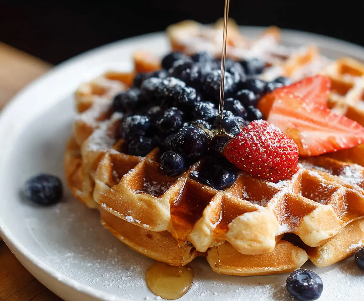 Golden crispy sourdough discard waffles served with fresh berries and syrup.