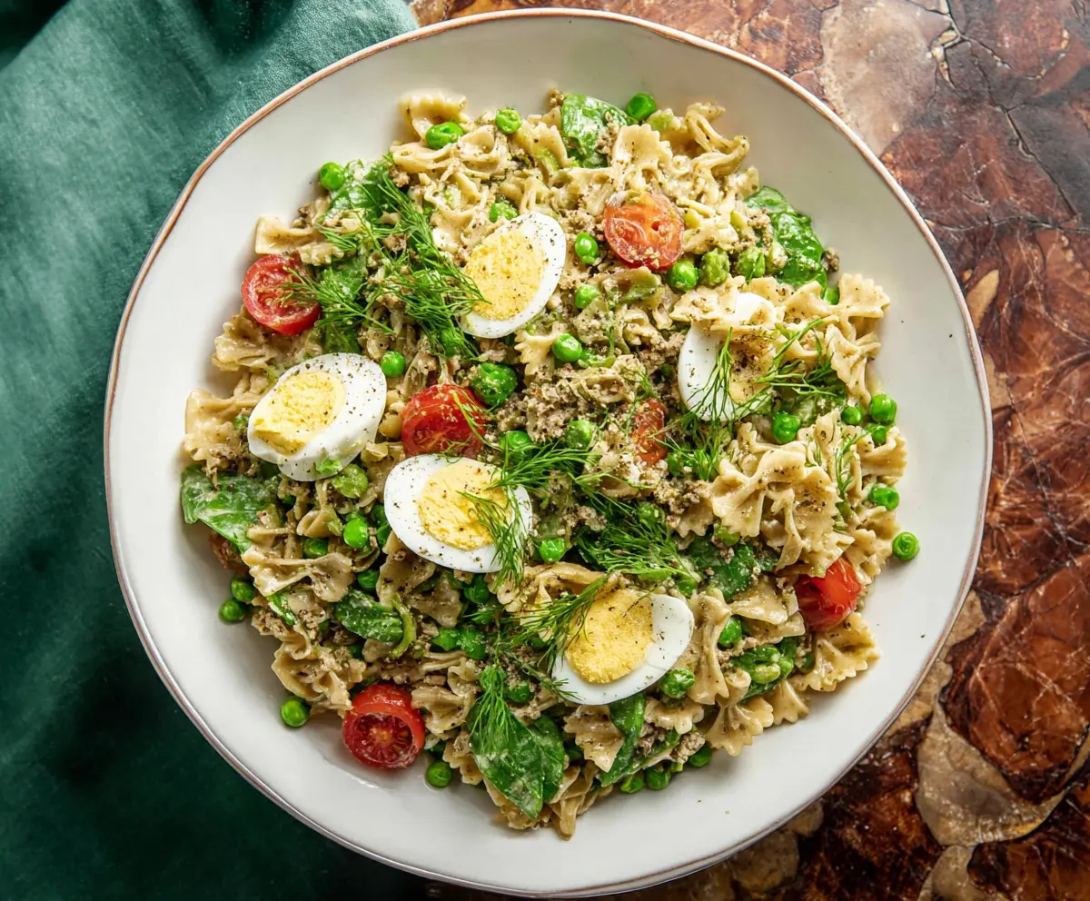 Colorful spring pasta salad with fresh vegetables and protein, perfect for ahealthy meal.