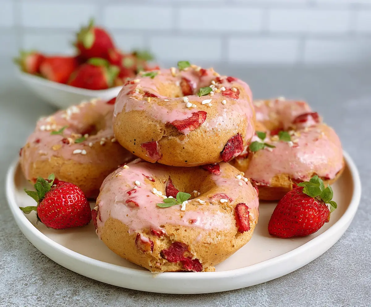 Delicious homemade strawberry bagels topped with fresh strawberries and cream cheese.