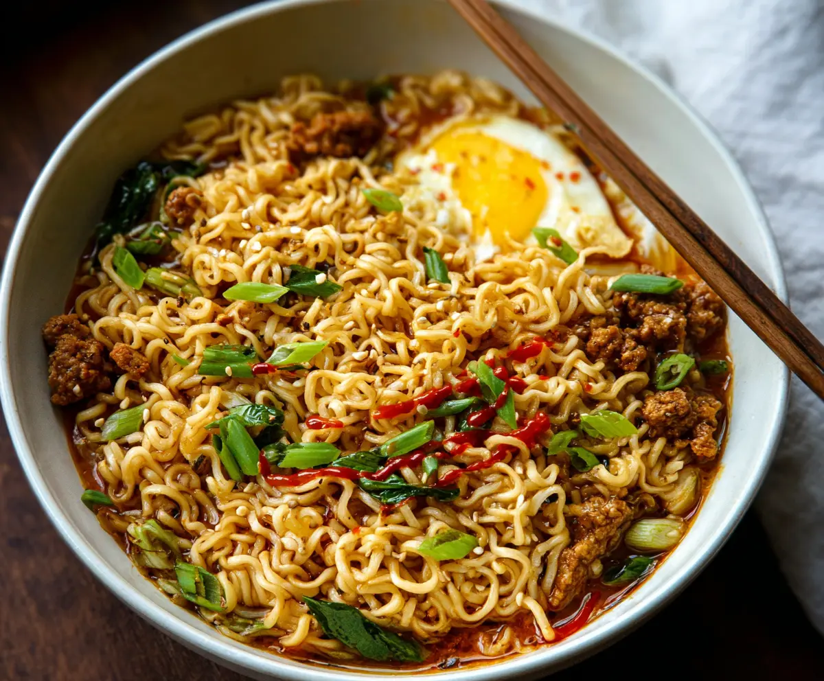 Delicious sweet chili ramen noodles garnished with fresh vegetables and herbs.