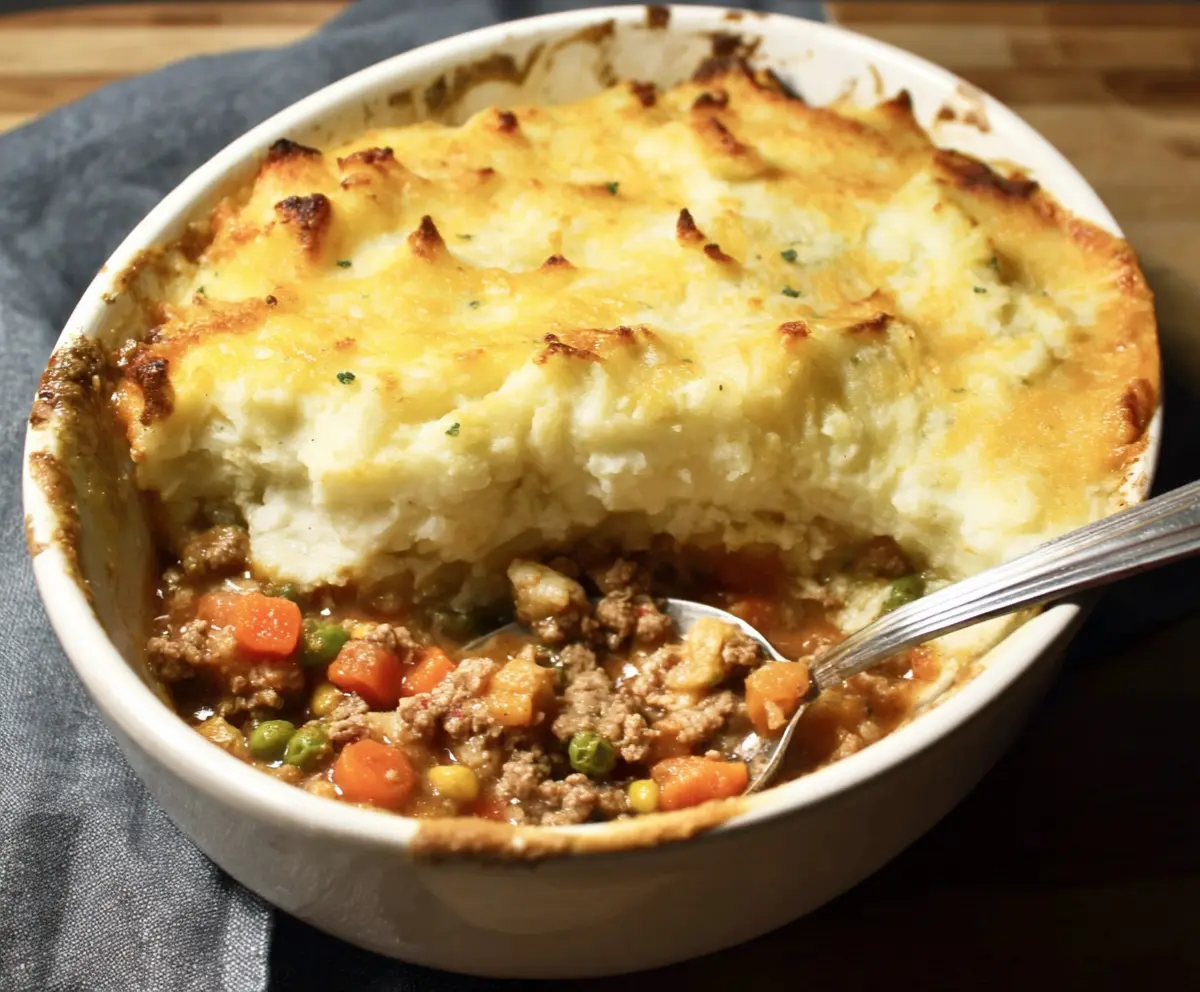 Delicious Turkey Shepherd's Pie topped with mashed potatoes and herbs on a rustic plate.