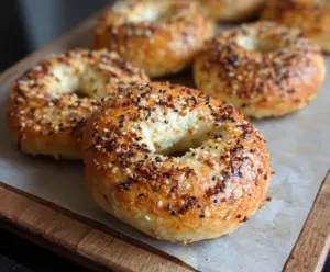 Delicious vanilla Greek yogurt bagels on a wooden board, perfect for breakfast or snack.