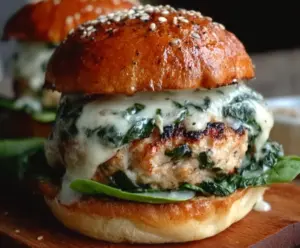 Delicious white cheddar spinach chicken burgers served with fresh greens on a plate.