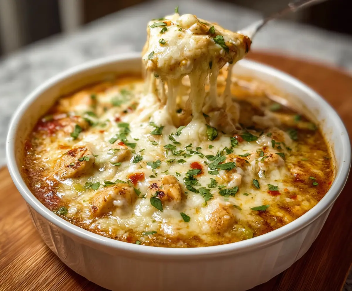 Delicious White Chicken Chili Cottage Cheese Winter Bake served hot in a baking dish.