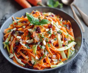 Fresh apple and carrot salad topped with creamy citrus dressing for a healthy snack.