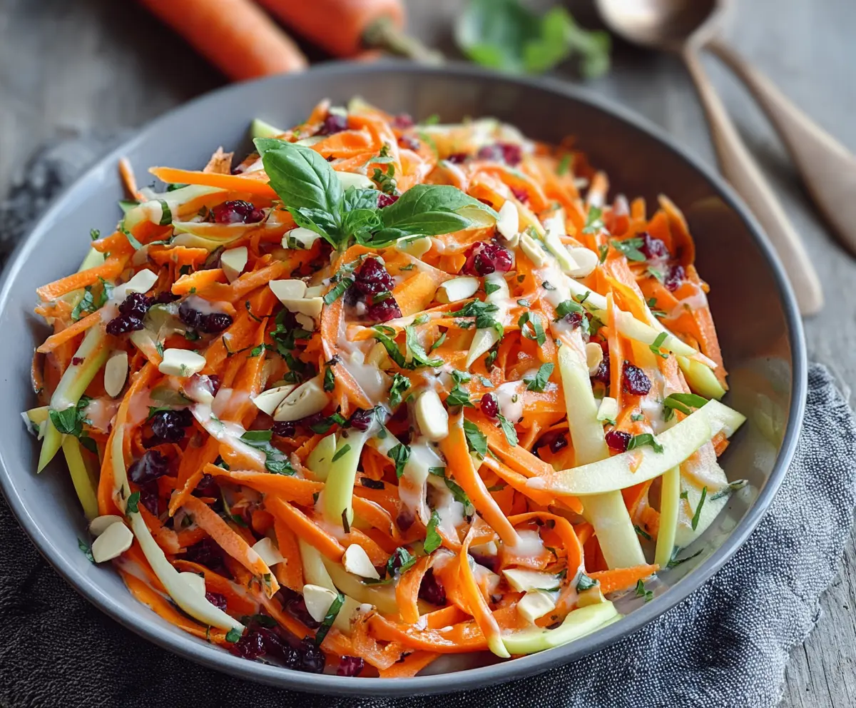 Fresh apple and carrot salad topped with creamy citrus dressing for a healthy snack.