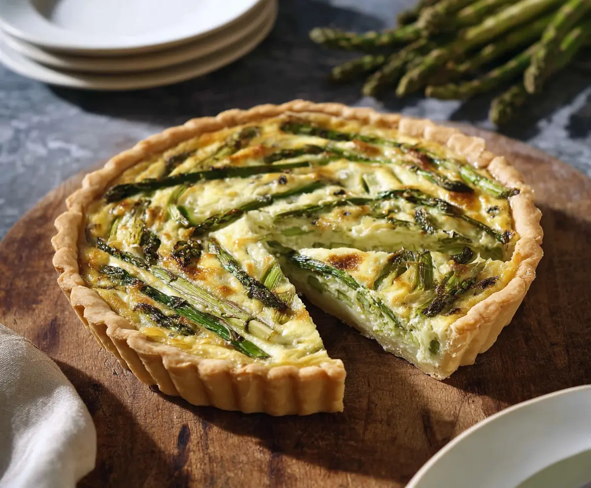 Delicious asparagus and Gruyere cheese quiche garnished with fresh herbs on a rustic plate.