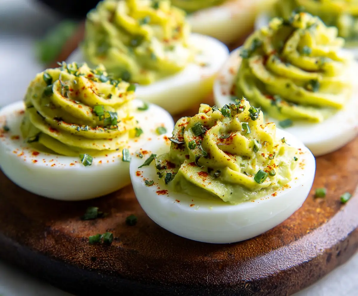 Creamy avocado deviled eggs garnished with herbs on a white plate
