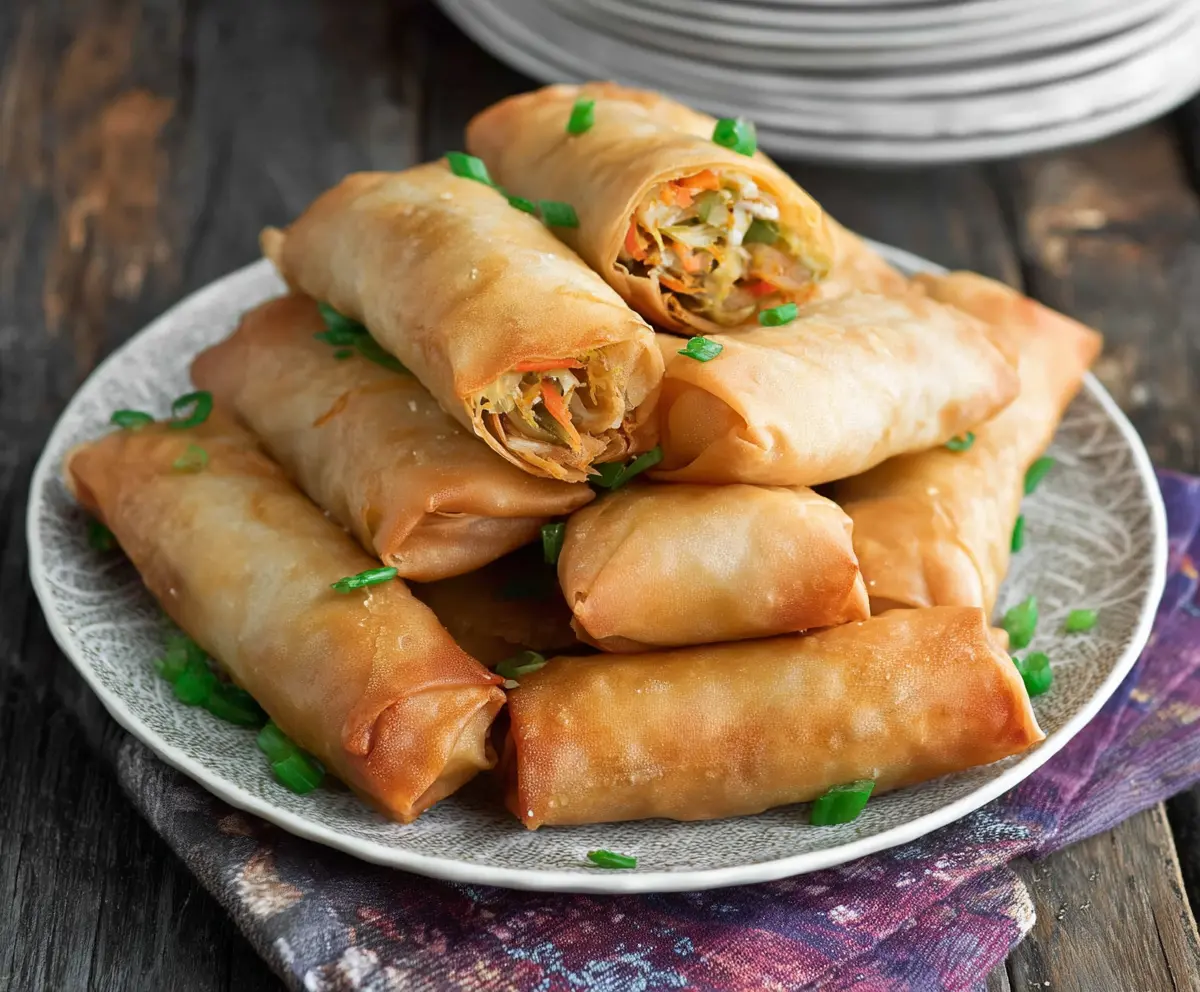 Crispy baked Chinese vegetable spring rolls served on a white plate with dipping sauce.