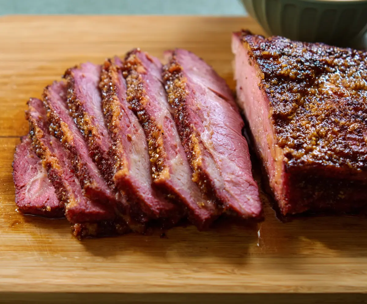 Delicious baked corned beef brisket with crispy edges served on a plate.