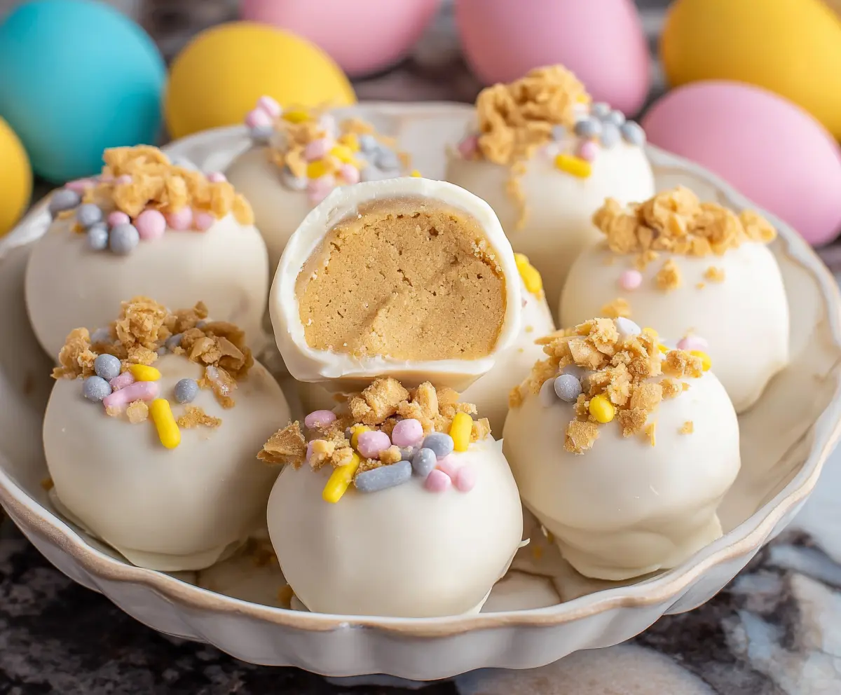 Delicious banana pudding Easter truffles with a creamy filling and festive decorations.