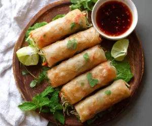 Colorful Bang Bang Vegetable Spring Rolls filled with fresh vegetables and served with a dipping sauce.
