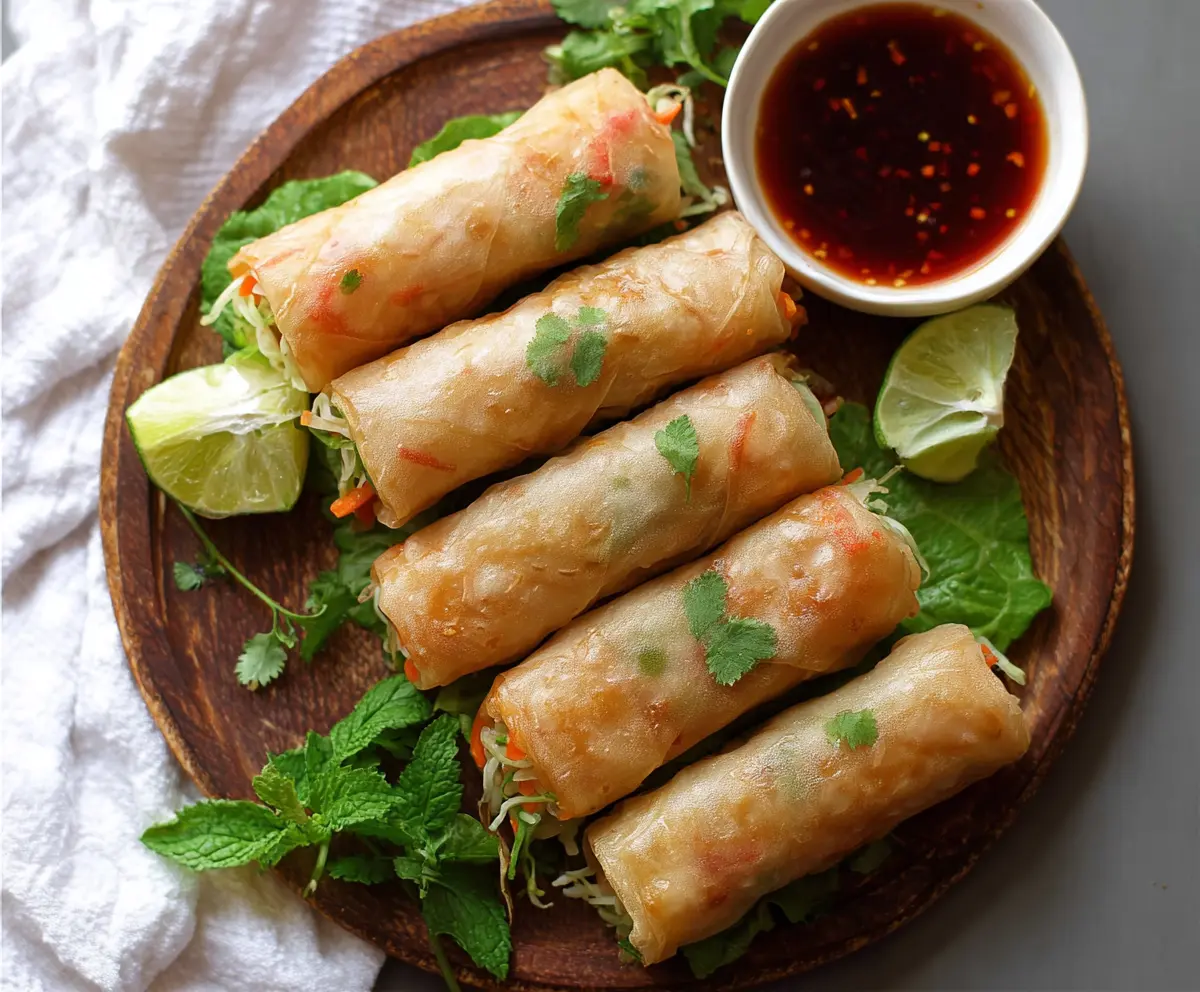 Colorful Bang Bang Vegetable Spring Rolls filled with fresh vegetables and served with a dipping sauce.