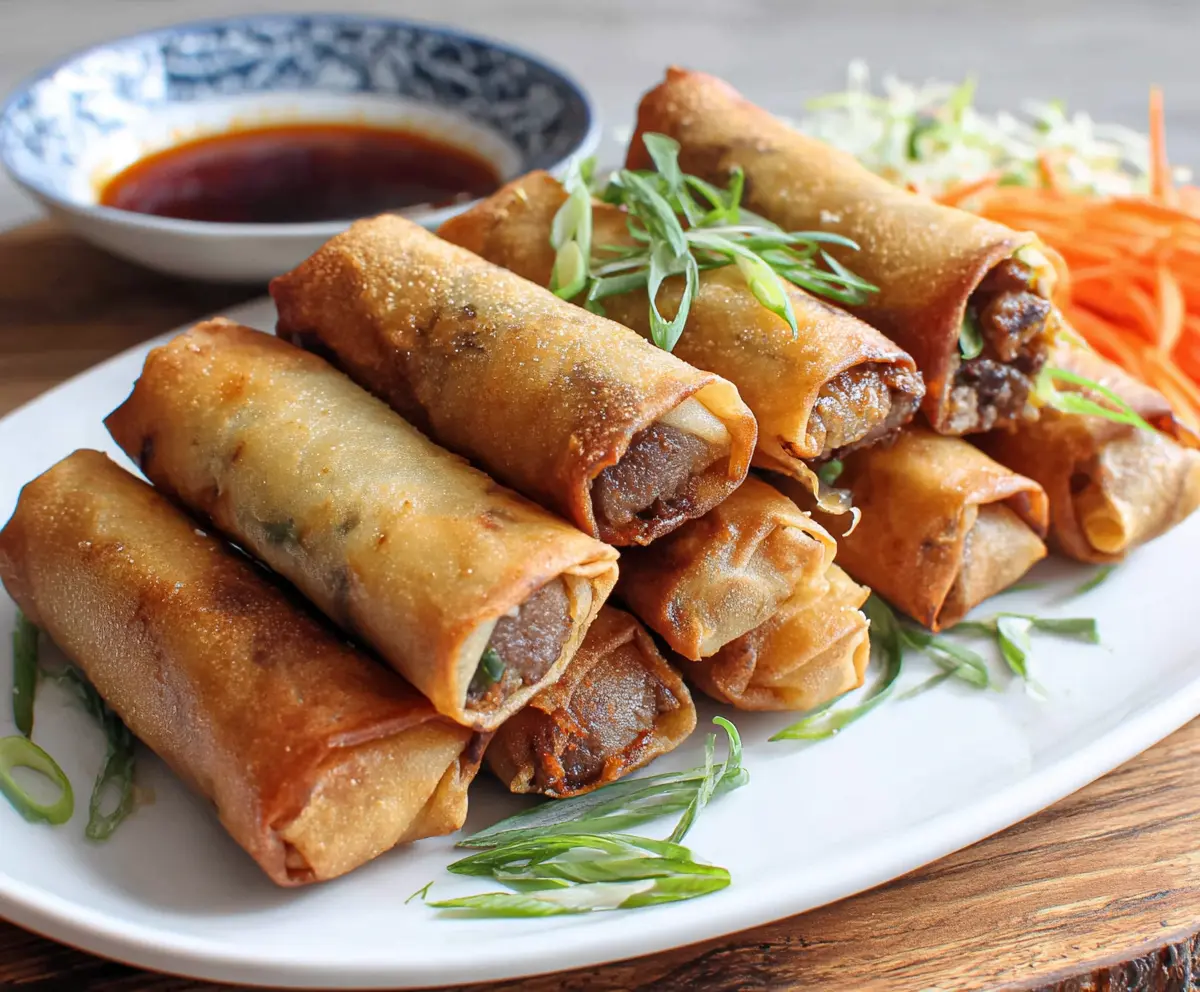 Crispy beef spring rolls with fresh vegetables served on a white plate.