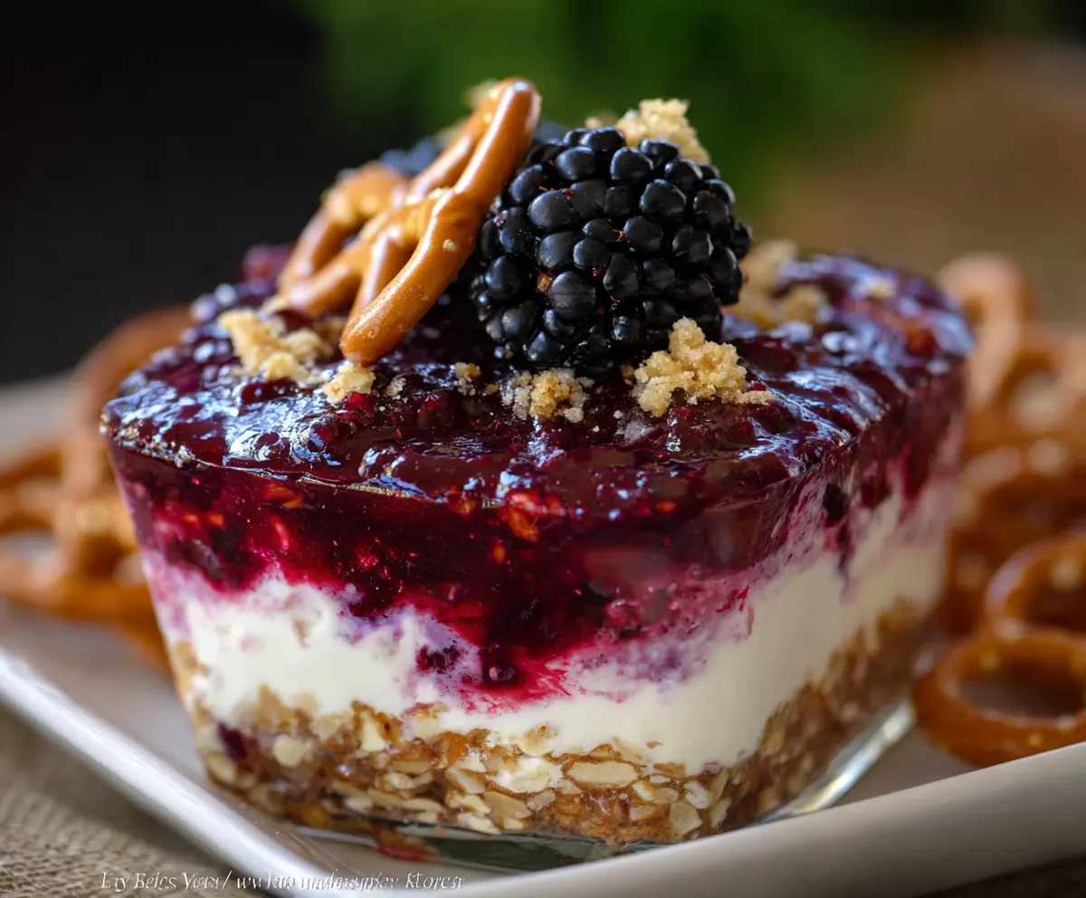 Delicious Blackberry Pretzel Dessert with fresh berries and crunchy pretzels, perfect for summer gatherings.