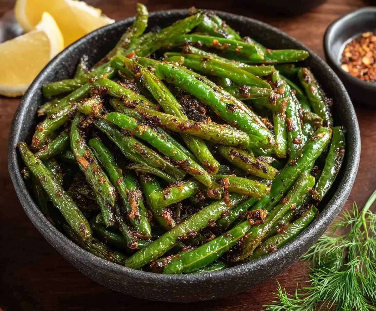 Delicious blackened green beans seasoned with spices, ready to serve as a healthy side dish.