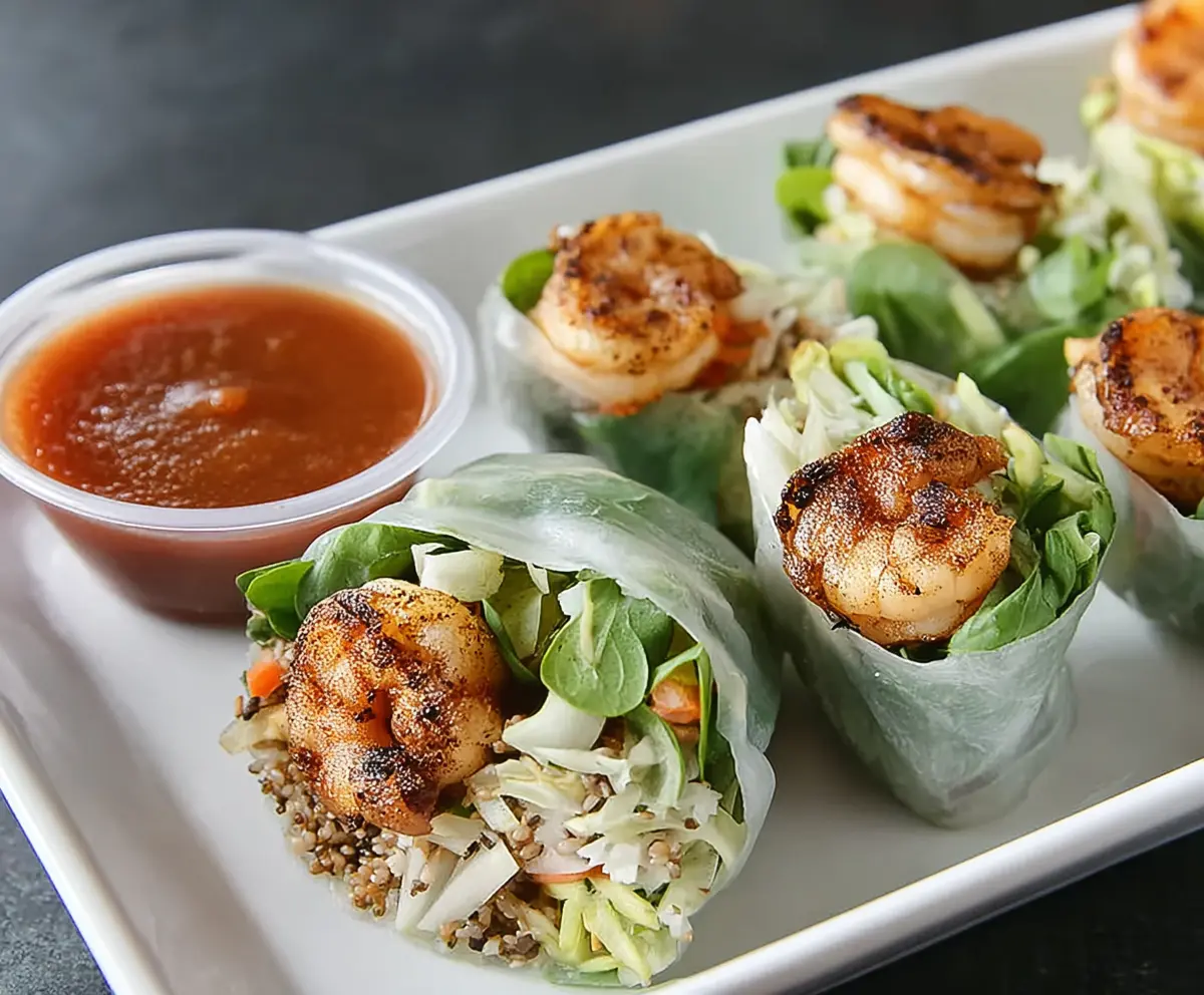 Blackened shrimp spring rolls with fresh vegetables and rice paper on a white plate.