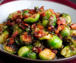 Delicious roasted Brussels sprouts with crispy bacon bits for a savory side dish.