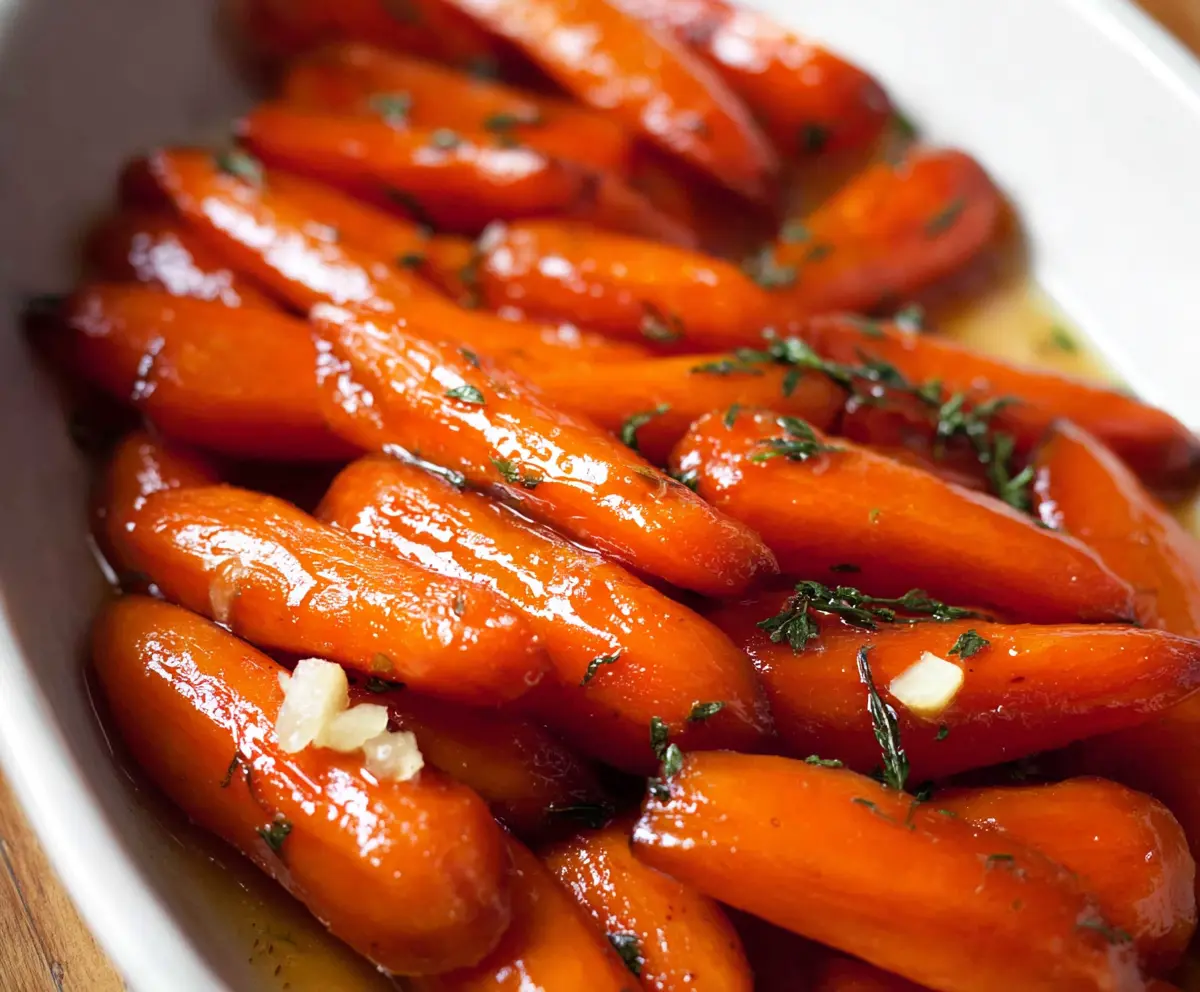 Delicious candied carrots coated with a glossy sugar glaze, perfect for festive meals.